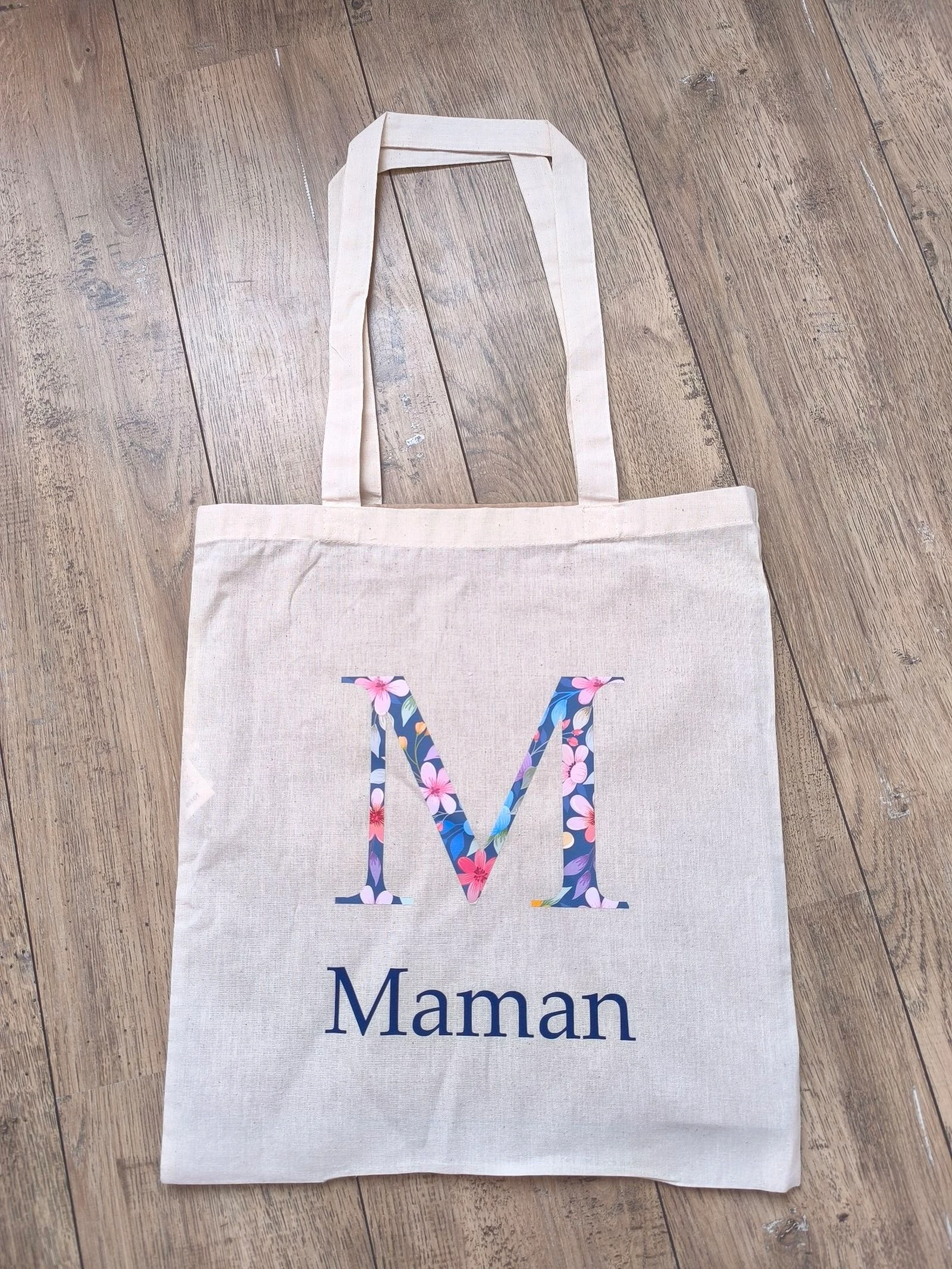 Tote bag M Maman motif fleur bleue 